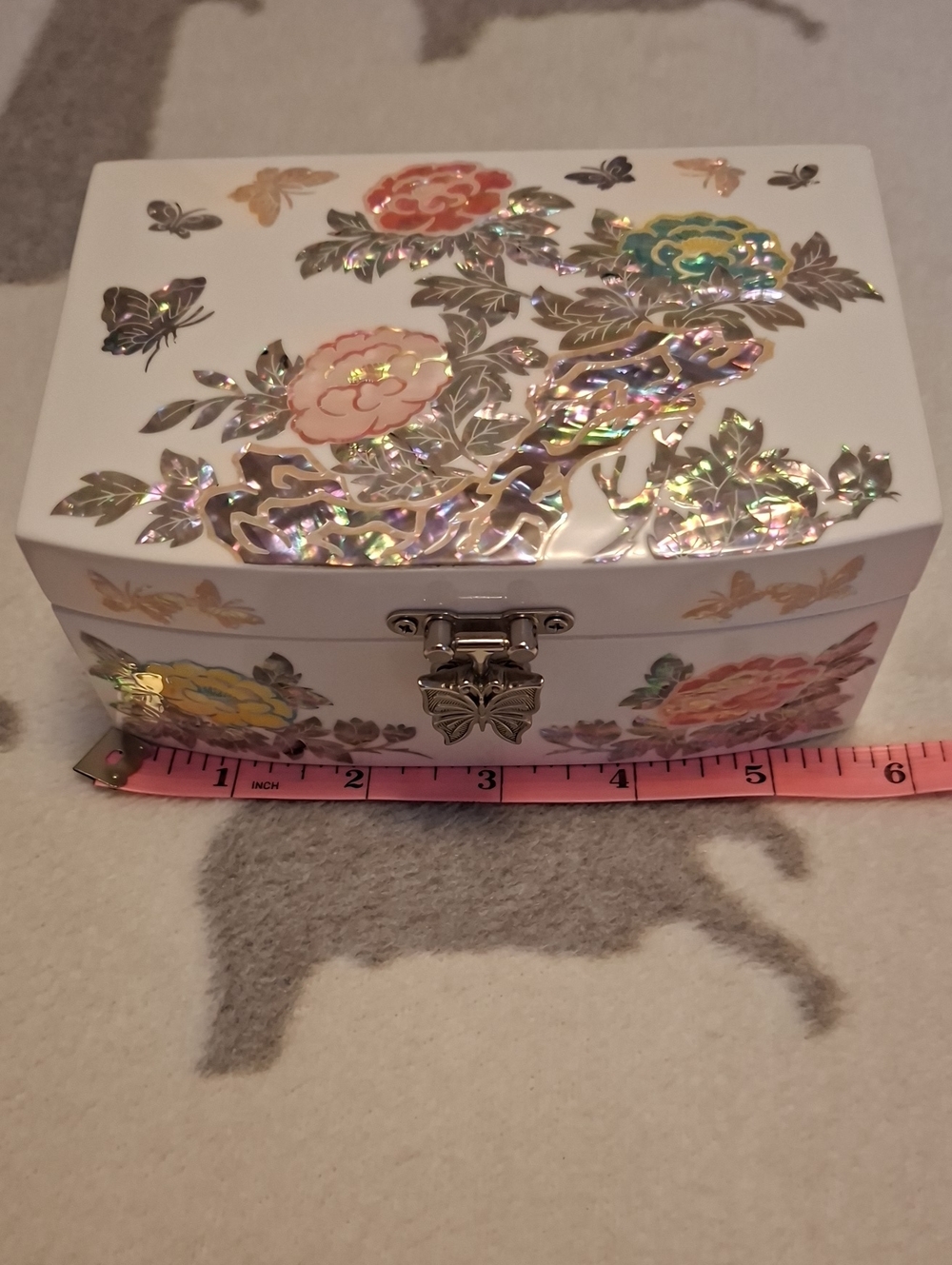 Ornate White Floral Jewelry Box with Iridescent Inlay